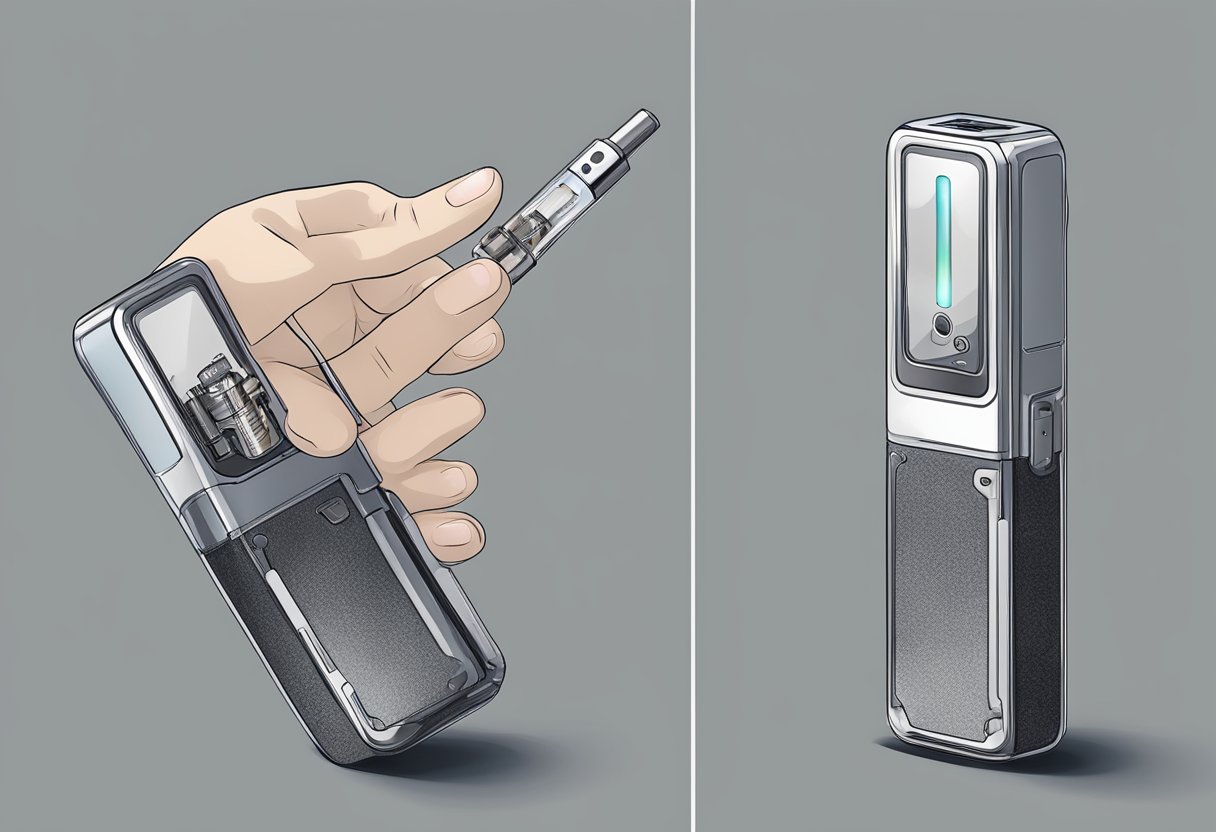 A hand reaches for a lost Mary vape, twisting the top to open it and revealing the inner components