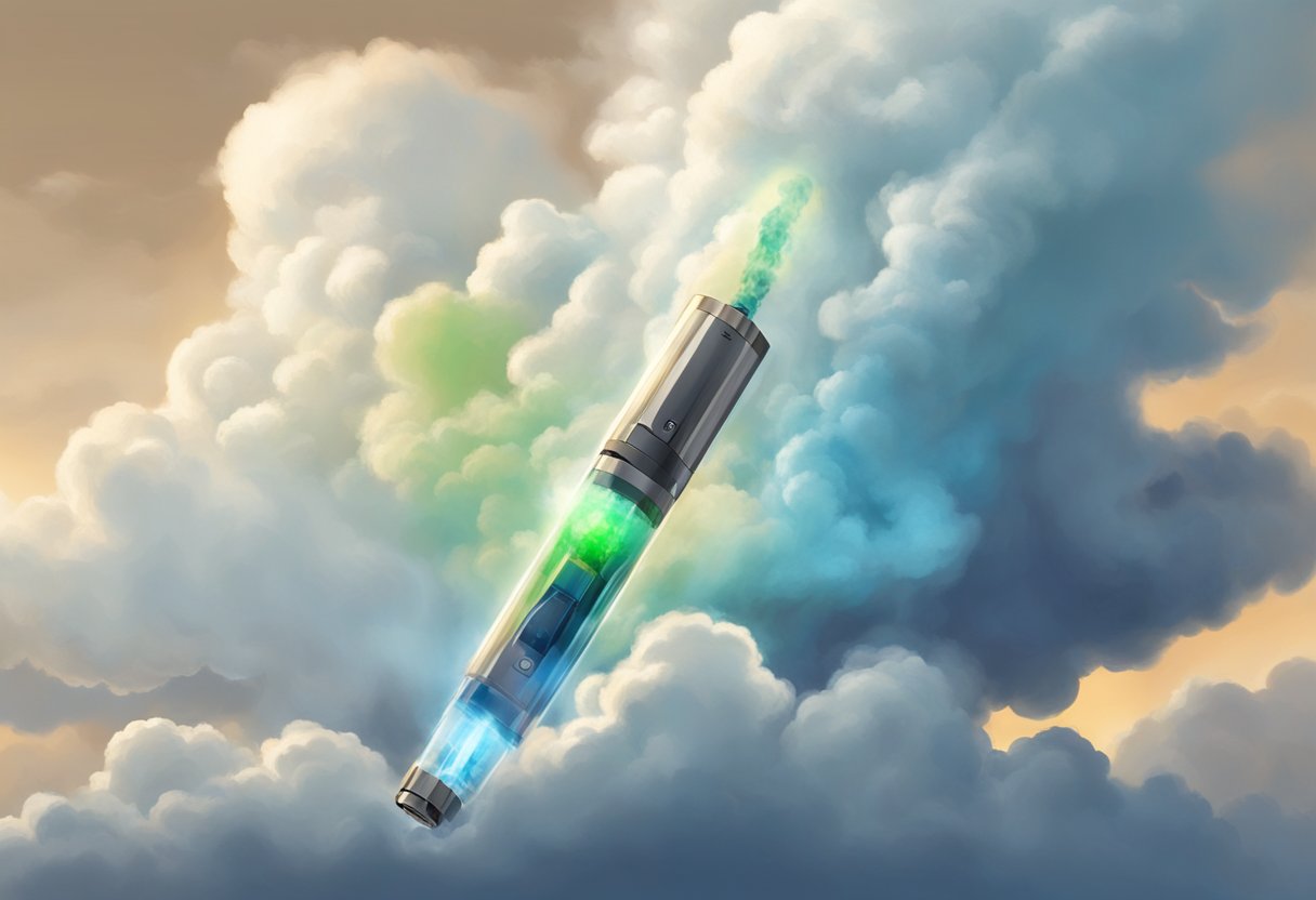A vape pen exhales a cloud of THC-O vapor, dispersing into the air and lingering in the atmosphere